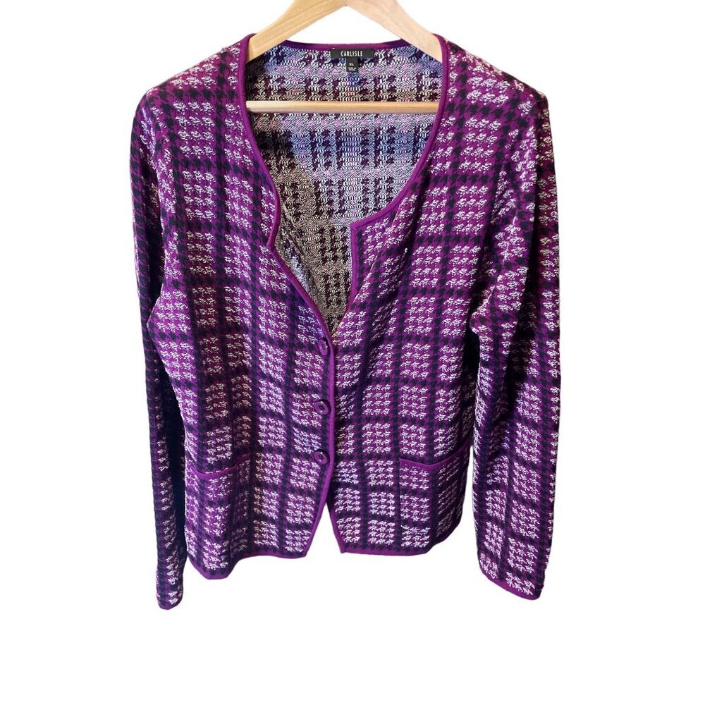 Carlisle Purple Checked Round Neck Long Sleeved Cardigan Sweater Sz XL